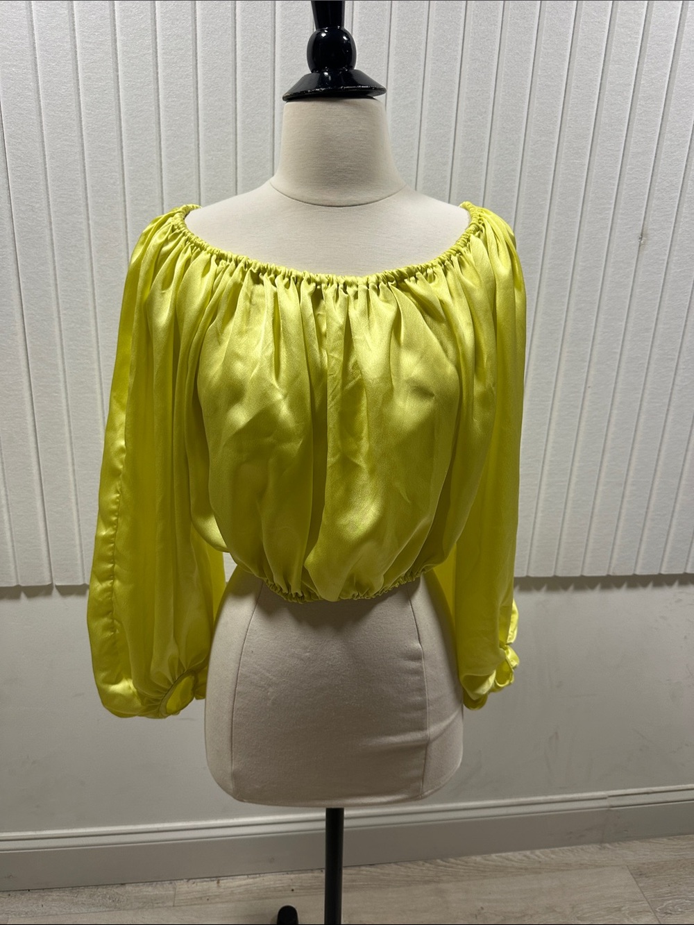 AKIRA Neon Lime Off-Shoulder Satin Crop Top